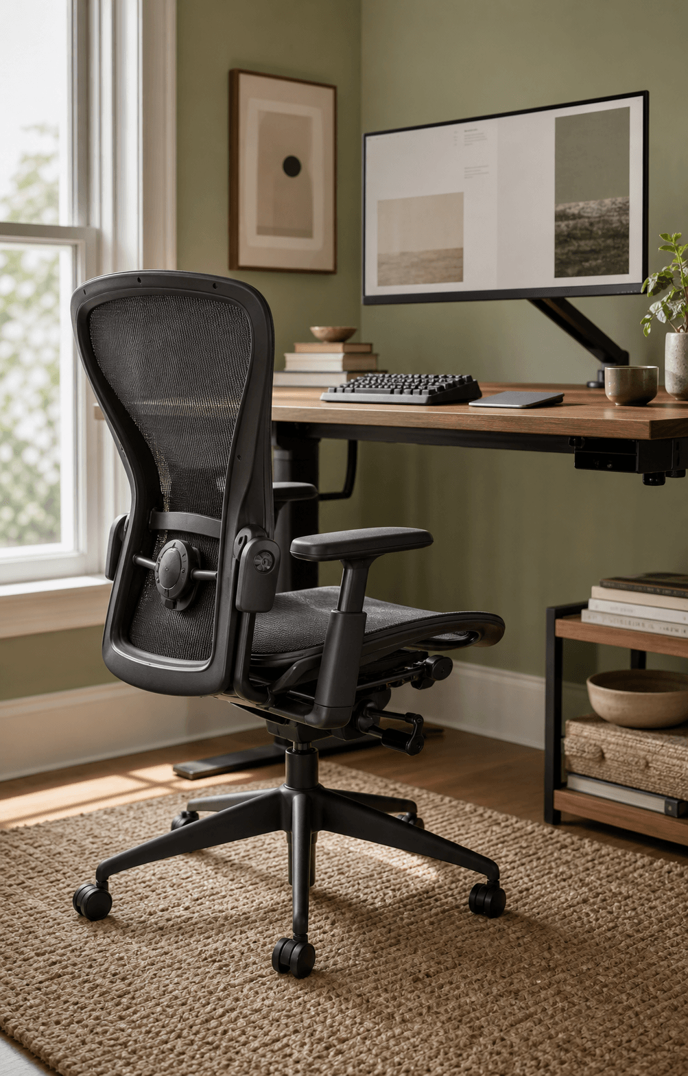 Bright home office with charcoal ergonomic mesh chair and walnut sit-stand desk, natural side-light