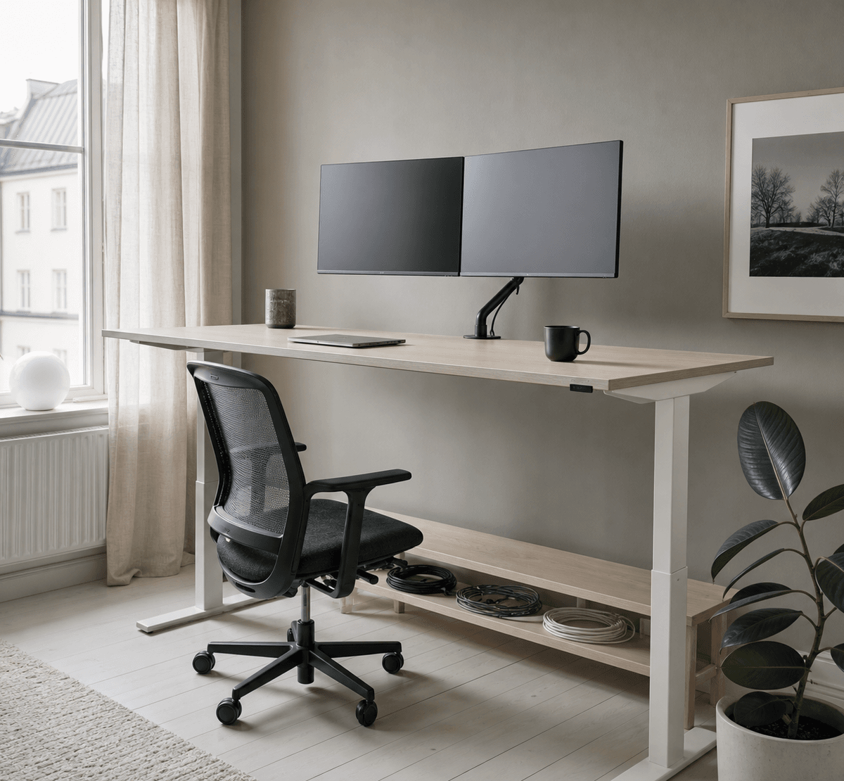 Stockholm developer's Nordic home office — pale ash desk, twin monitors, linen curtains