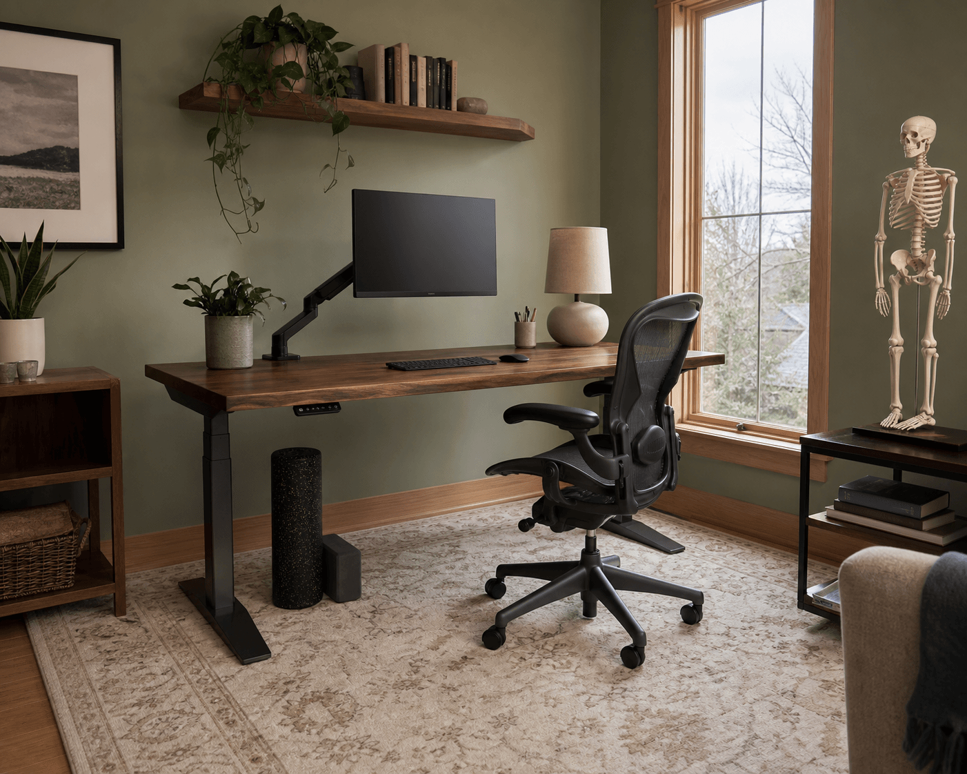 Portland therapist's craftsman home office — sage wall, anatomical model, wool rug