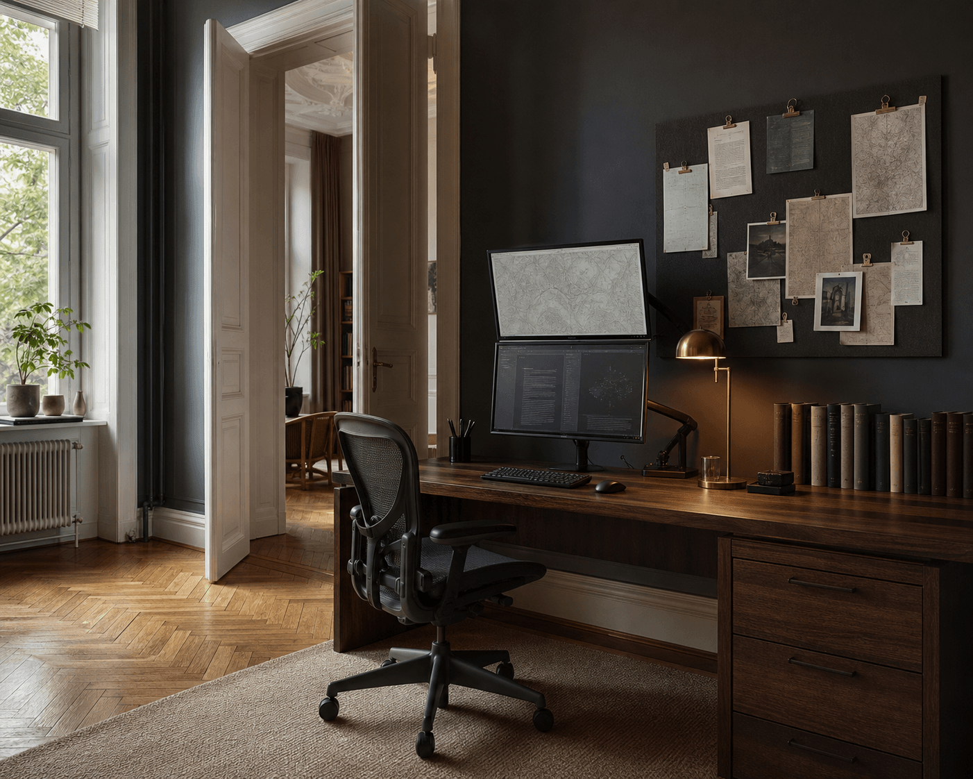 Berlin researcher's altbau office — deep charcoal wall, herringbone parquet, brass lamp