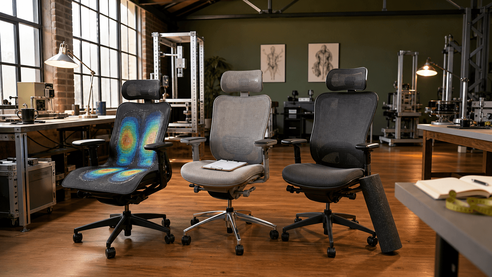 Ergonomic test lab — three chairs in a converted warehouse loft with pressure-mapping mat