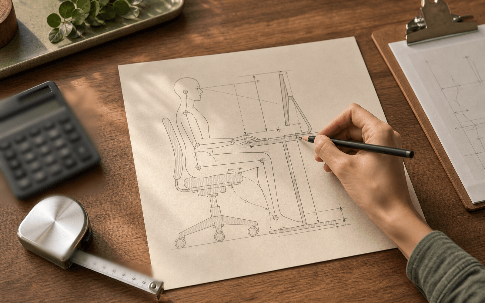 Tools hero — hand drawing seated-geometry diagram with calipers and tape measure on walnut desk