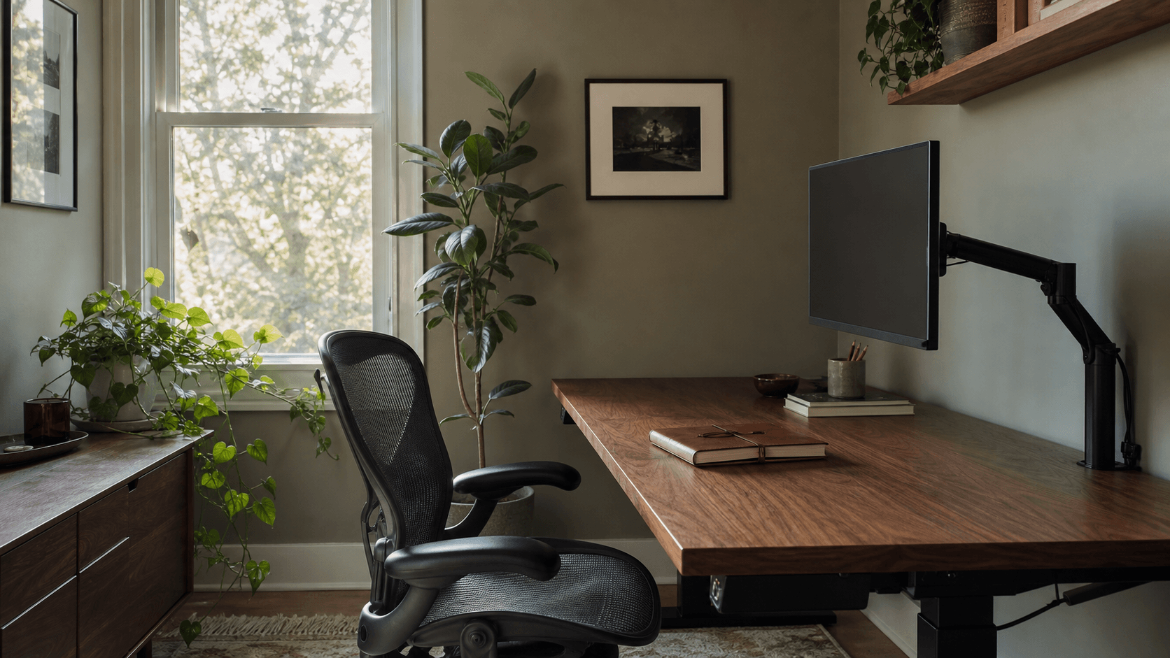 Inspiration hero — sunlit home office with walnut sit-stand desk, monitor, plant, charcoal chair