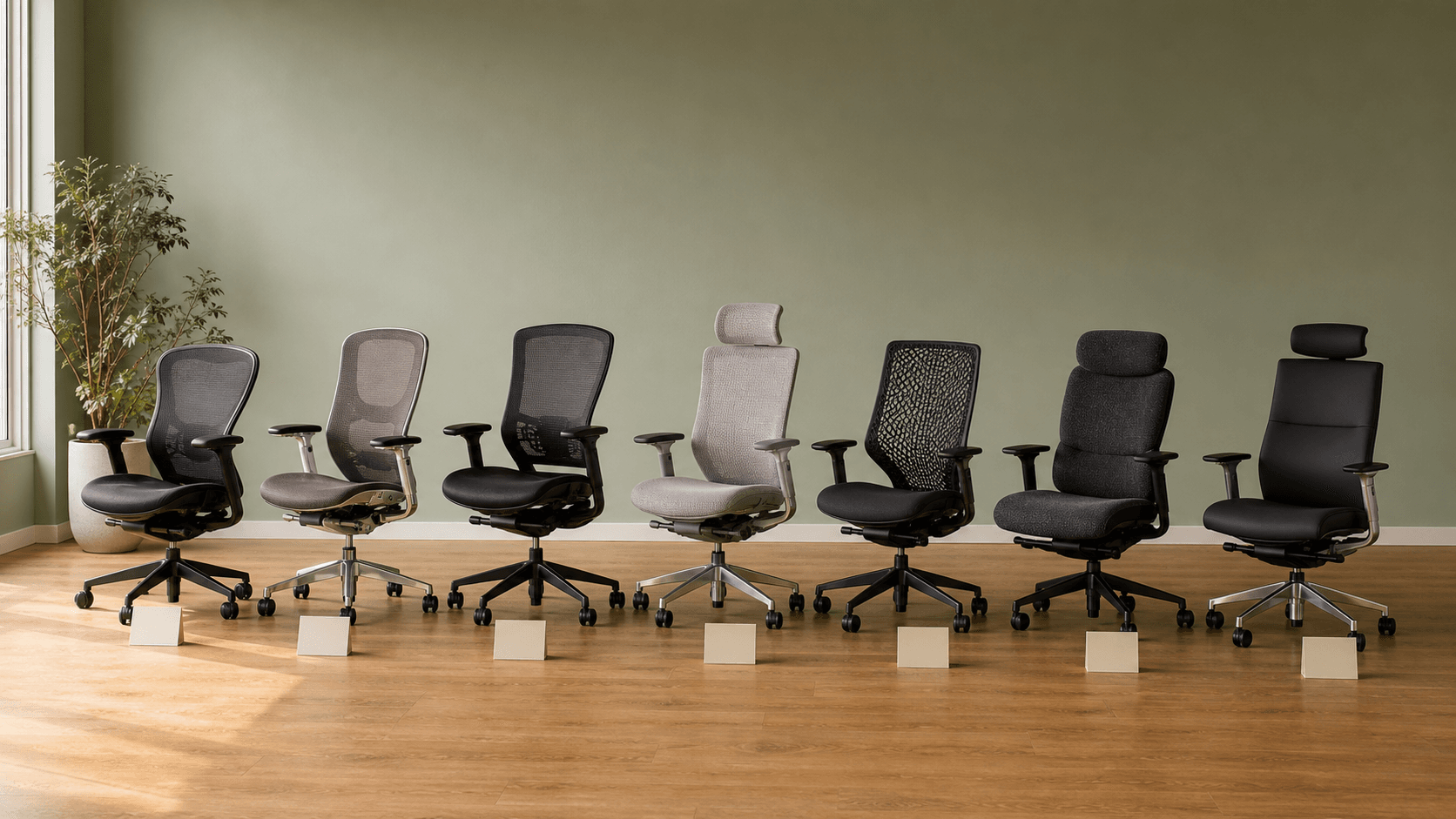 Reviews roundup — seven ergonomic chairs in a row before a sage wall, editorial product shot