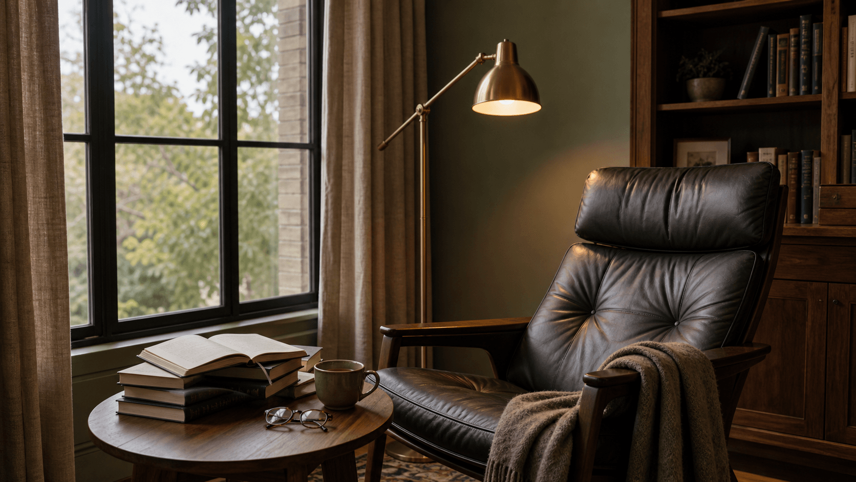 Guides reading room — leather lounge chair, brass floor lamp, stacked clothbound books and tea