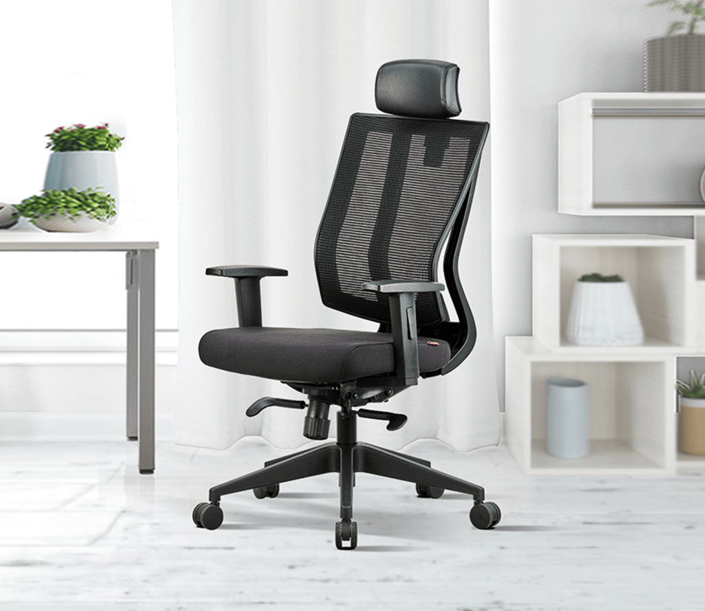 A common design of a tall office chair at work
